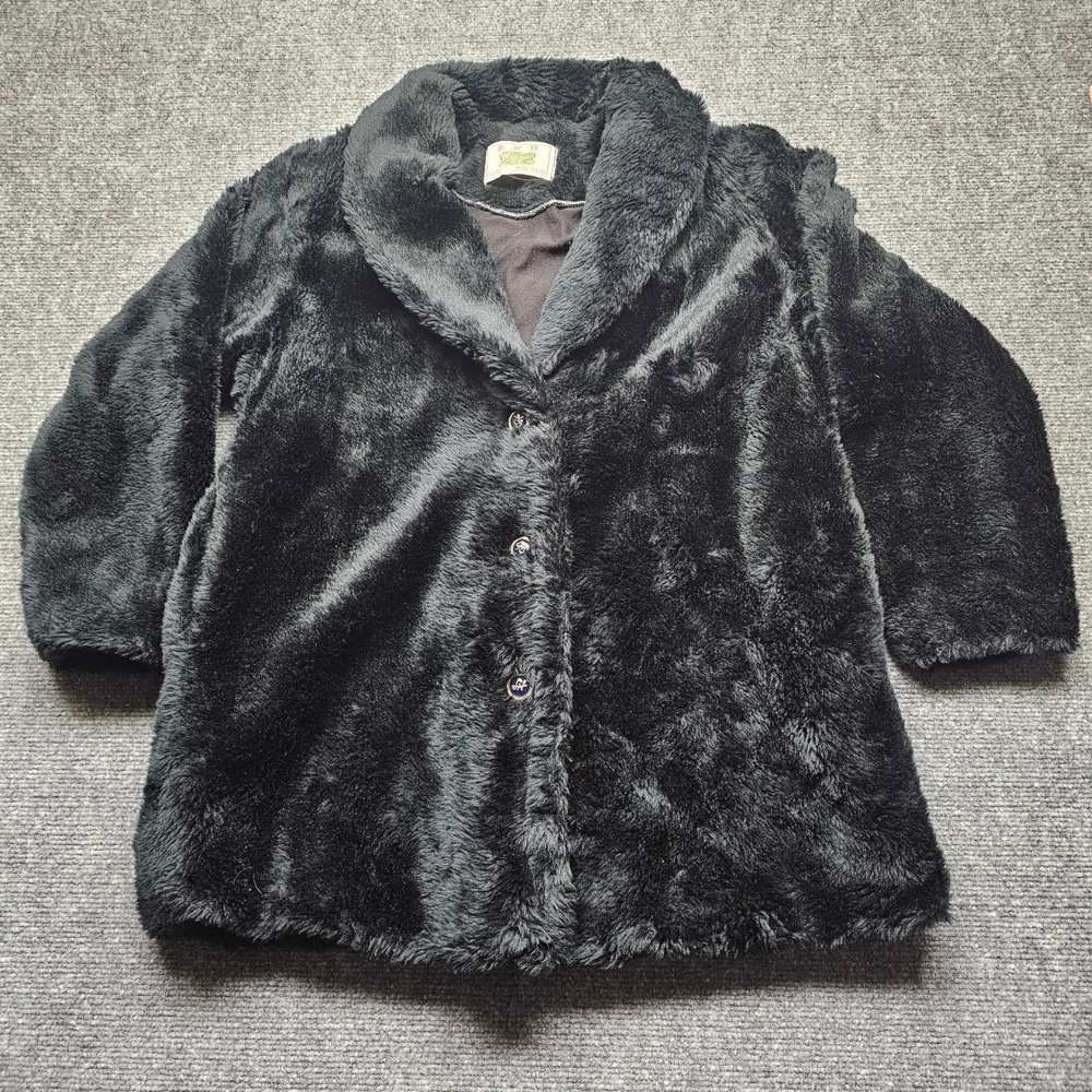 Vintage Wan Long Black Faux Fur Coat Crest Buttons Mid Length Jacket XL